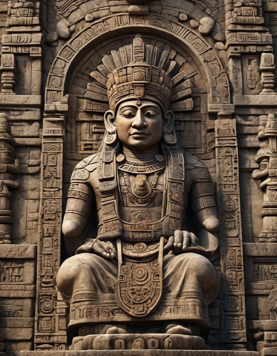Mayan Priest at Ceremonial Temple, Distant View
