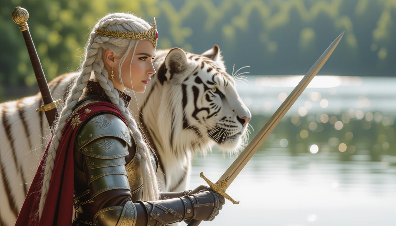 Ranger and White Tiger at Lake's Edge