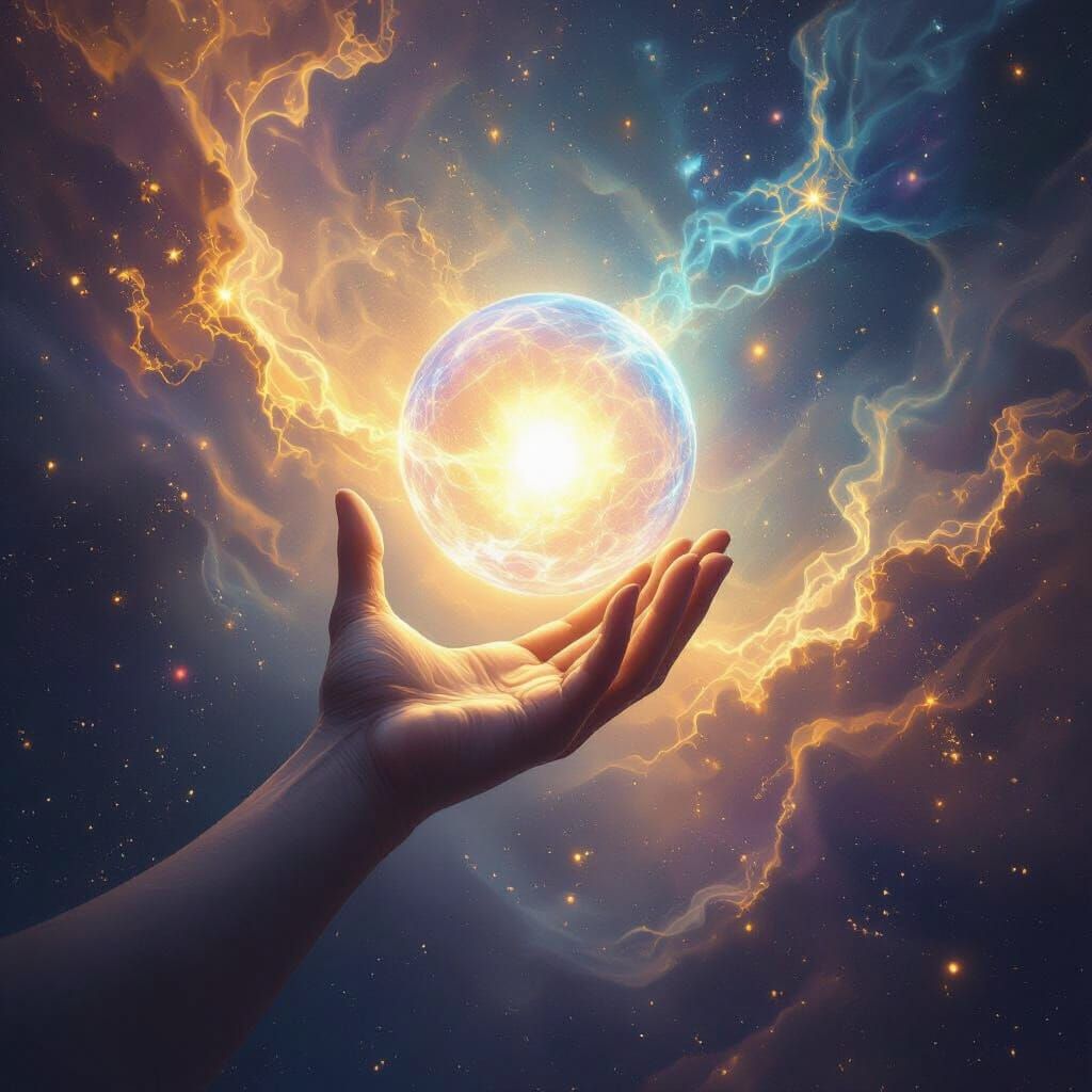 Divine Hand Holds Light Orb in Cosmic Void