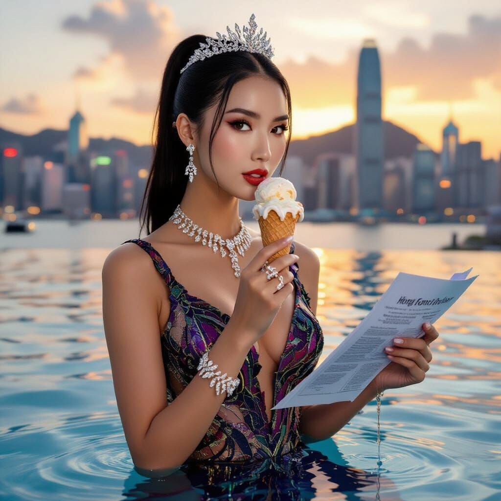 Hong Kong Woman in Haute Couture by Victoria Harbour Sunset
