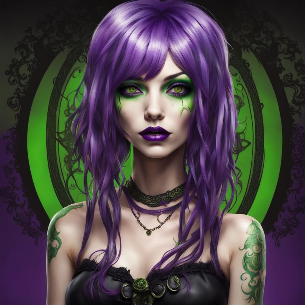 Gothic Woman with Purple and Green Hair