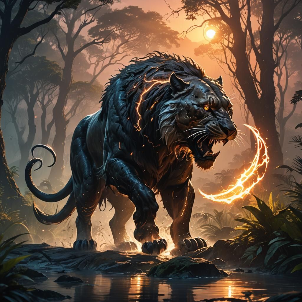 Smilodon Silhouette Hunting at Sunrise: Fantasy Concept Art
