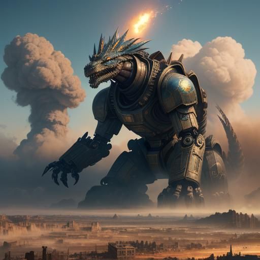 Epic Robot Dragon Battle in Apocalyptic City
