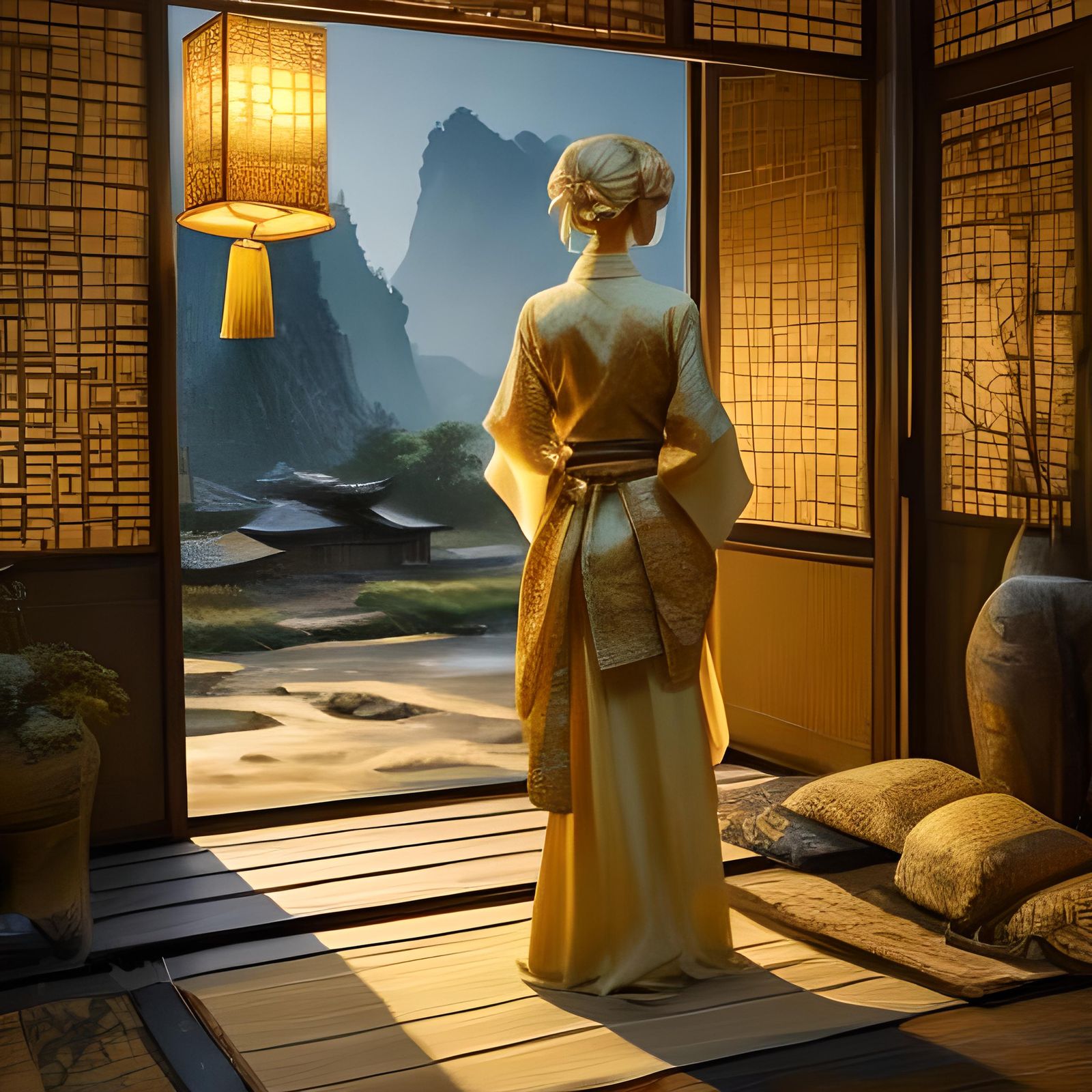 Elegant Asian Woman in Golden Light, Oil Painting