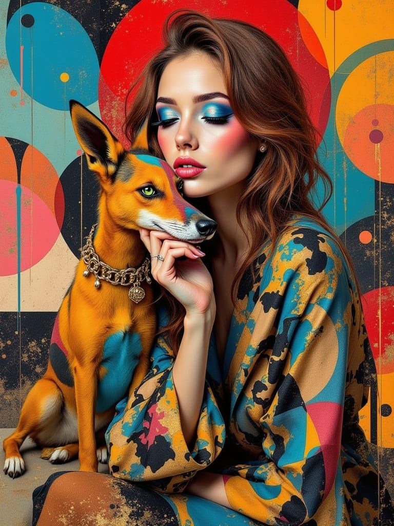 Woman and Dog Dance in Vibrant Rococo Landscape