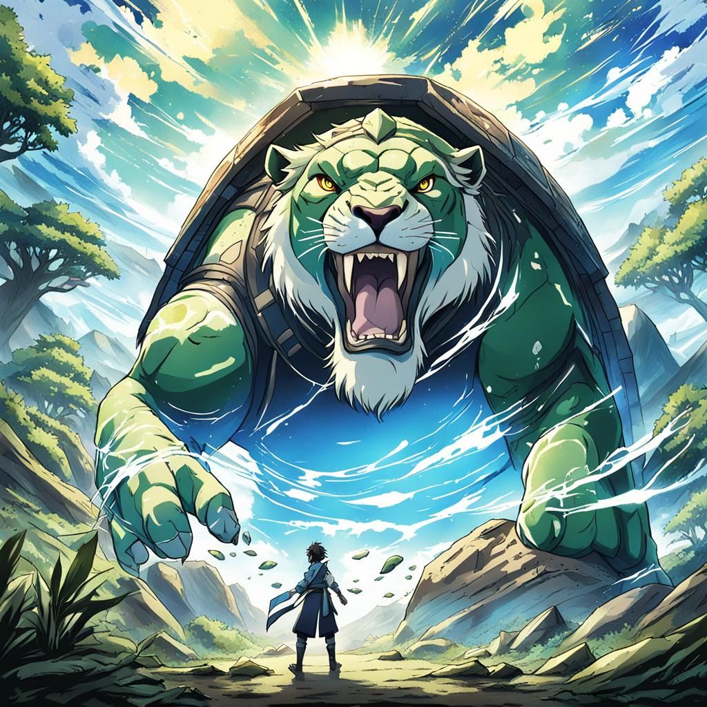 Avatar Learns Earthbending from Lion Turtle in Anime Style