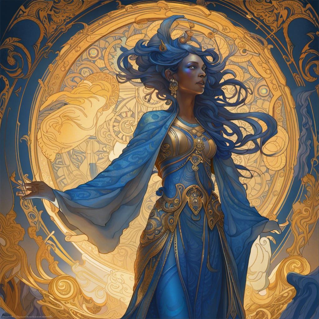 Luminous Blue Alien Woman in Art Nouveau Style