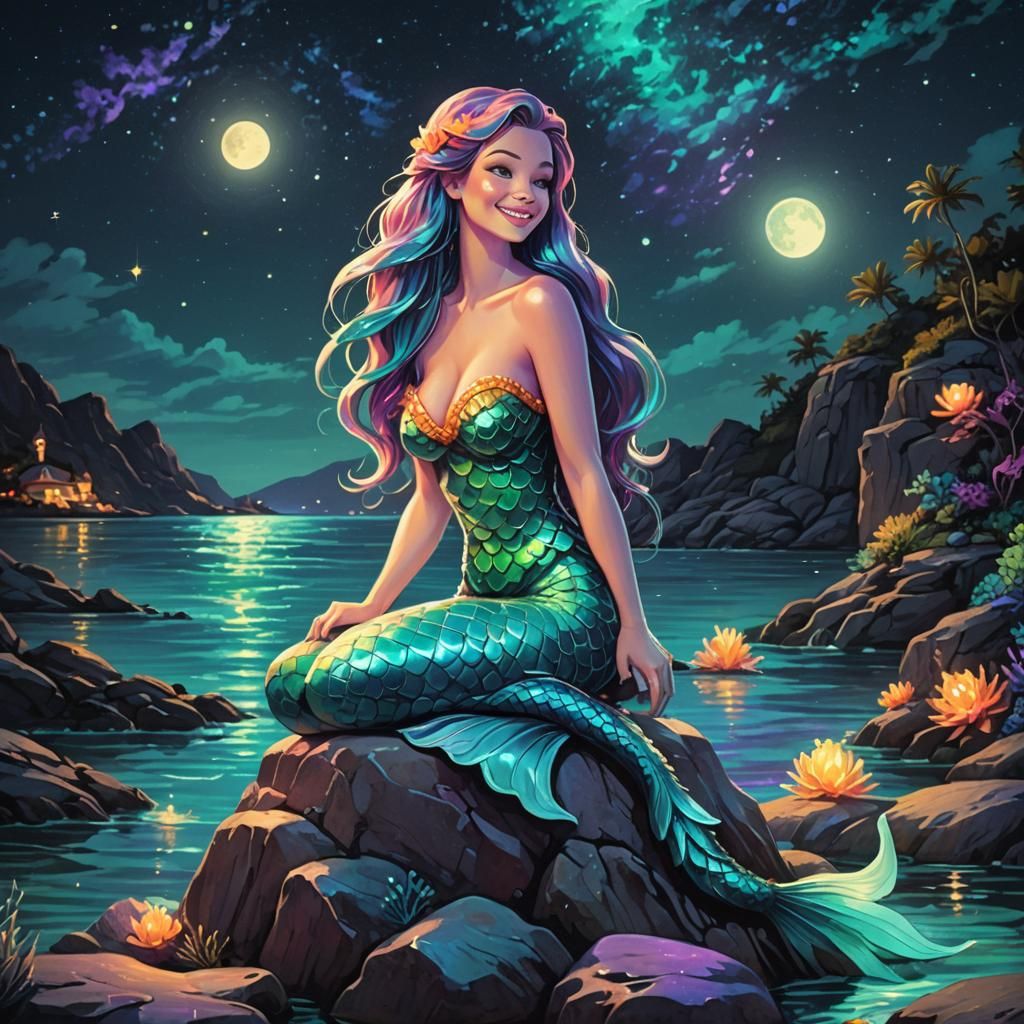 Neon Mermaid on a Rock at Night