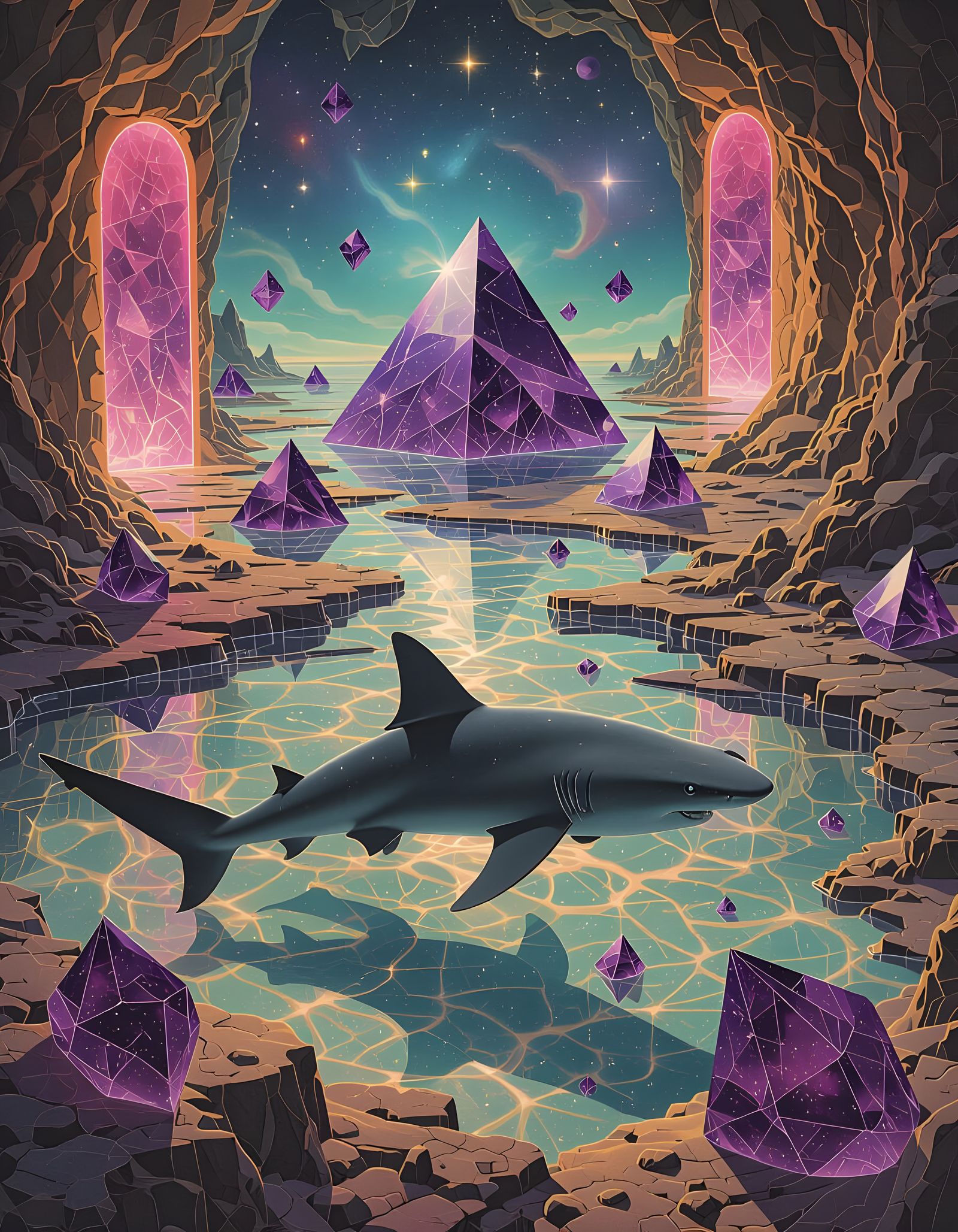 Hammerhead Shark in Cosmic Surreal Landscape