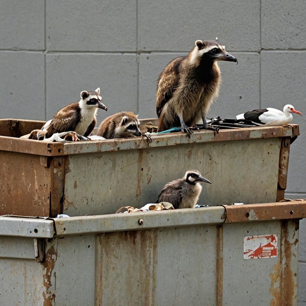 three separate animals, a raccoon, an opossum, and a white ibis are perched on a full dumpster