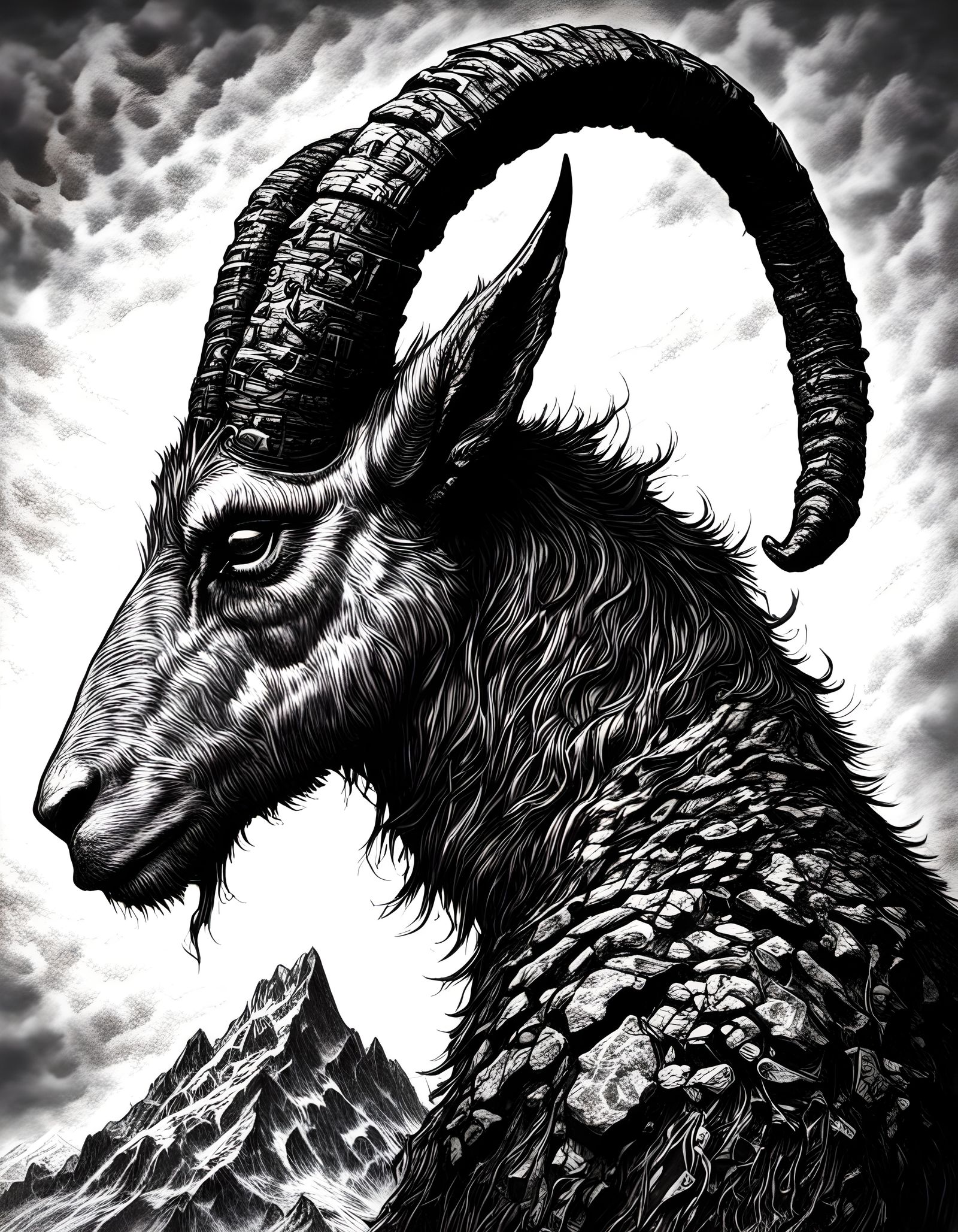 Monochrome Demon Ibex Portrait in Pencil Sketch Style