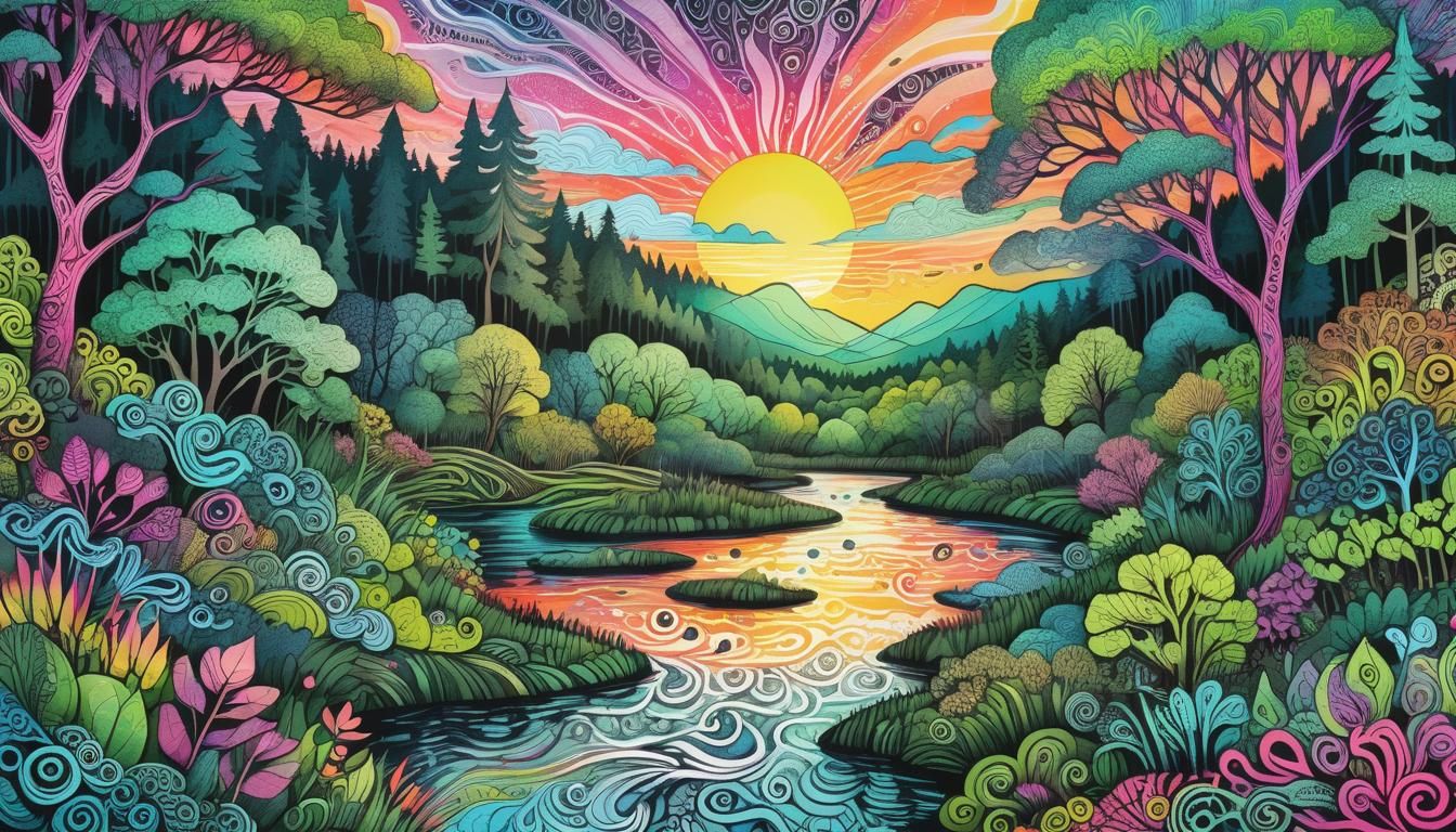 Fluorescent Zentangle Sunrise Over Wild Forest