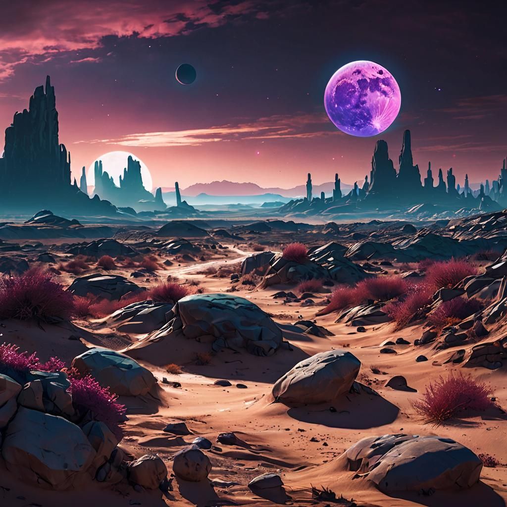 Sci-Fi Desert Landscape with Twin Moons