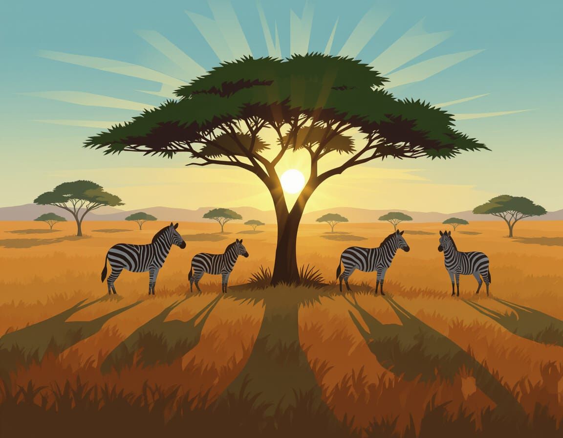 African Savanna at Sunset in Low Poly Style