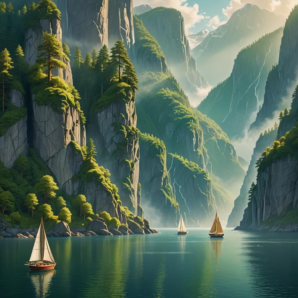 Misty Fjord in Pointillist Digital Painting