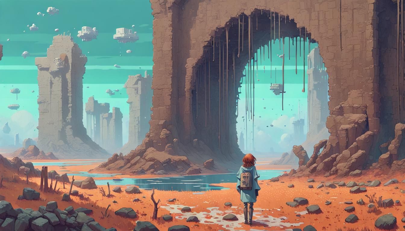 Pixel Art Wasteland Panorama with Toad and Woman