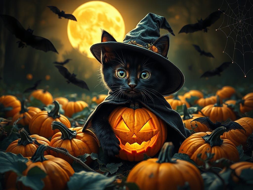 Black Kitten in Witch Hat with Jack-o'-Lantern Head
