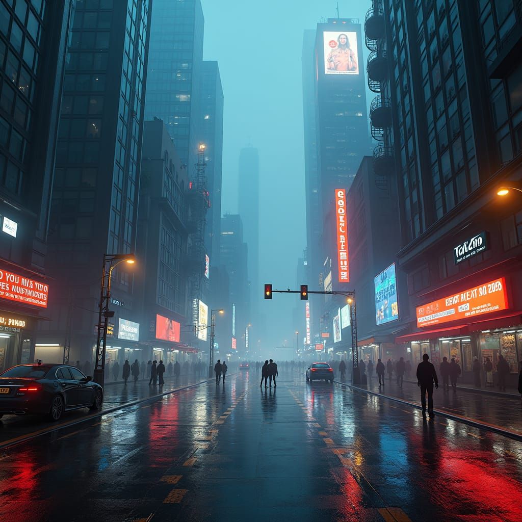 Dystopian Metropolis: Neon Reflections in Cyberpunk Cityscap...