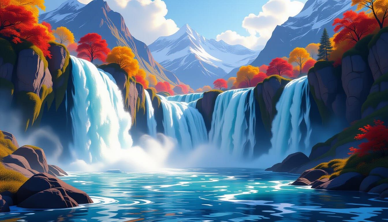 Breathtaking Mountain Waterfall in Autumn Valley