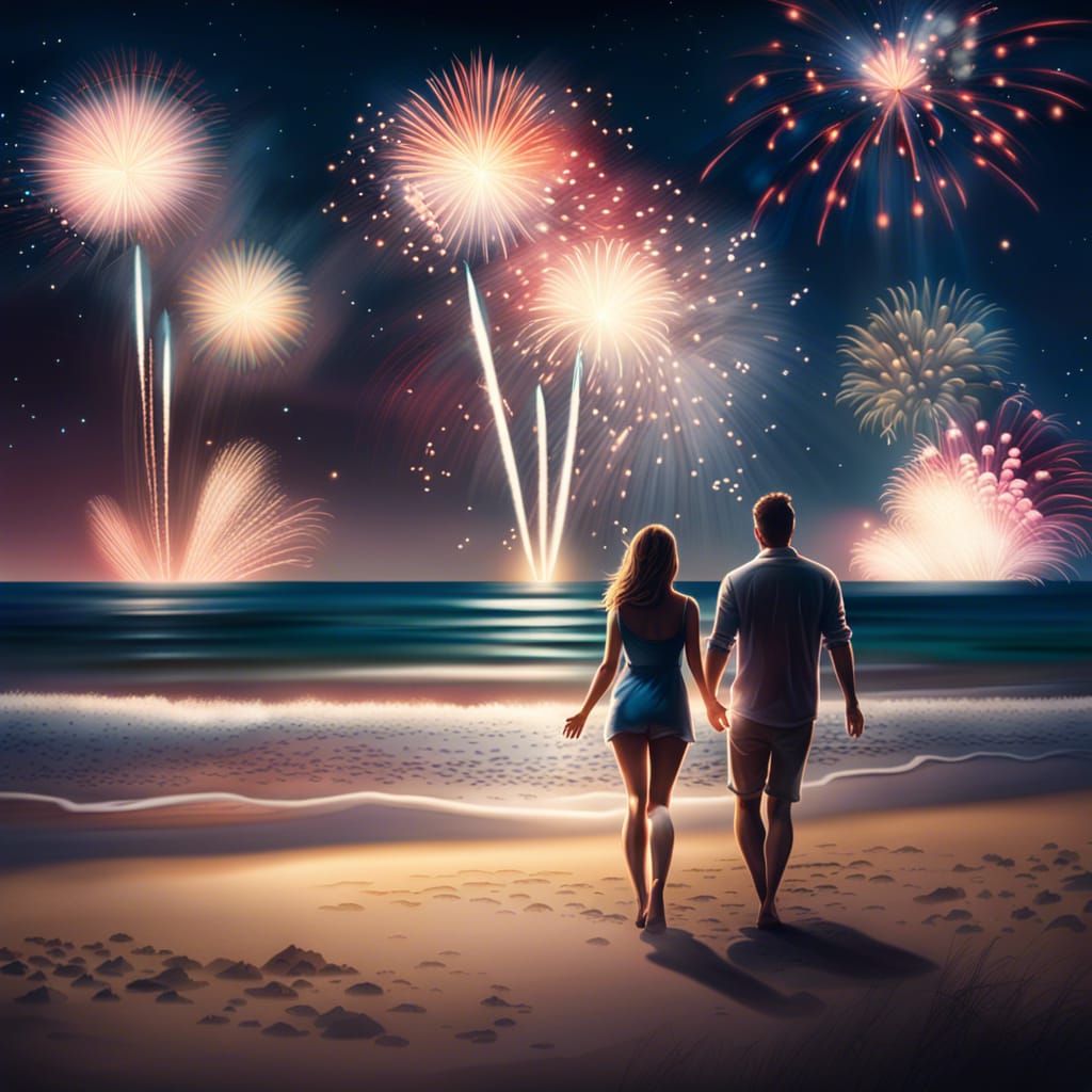 Romantic Fireworks Display Over Beach at Night