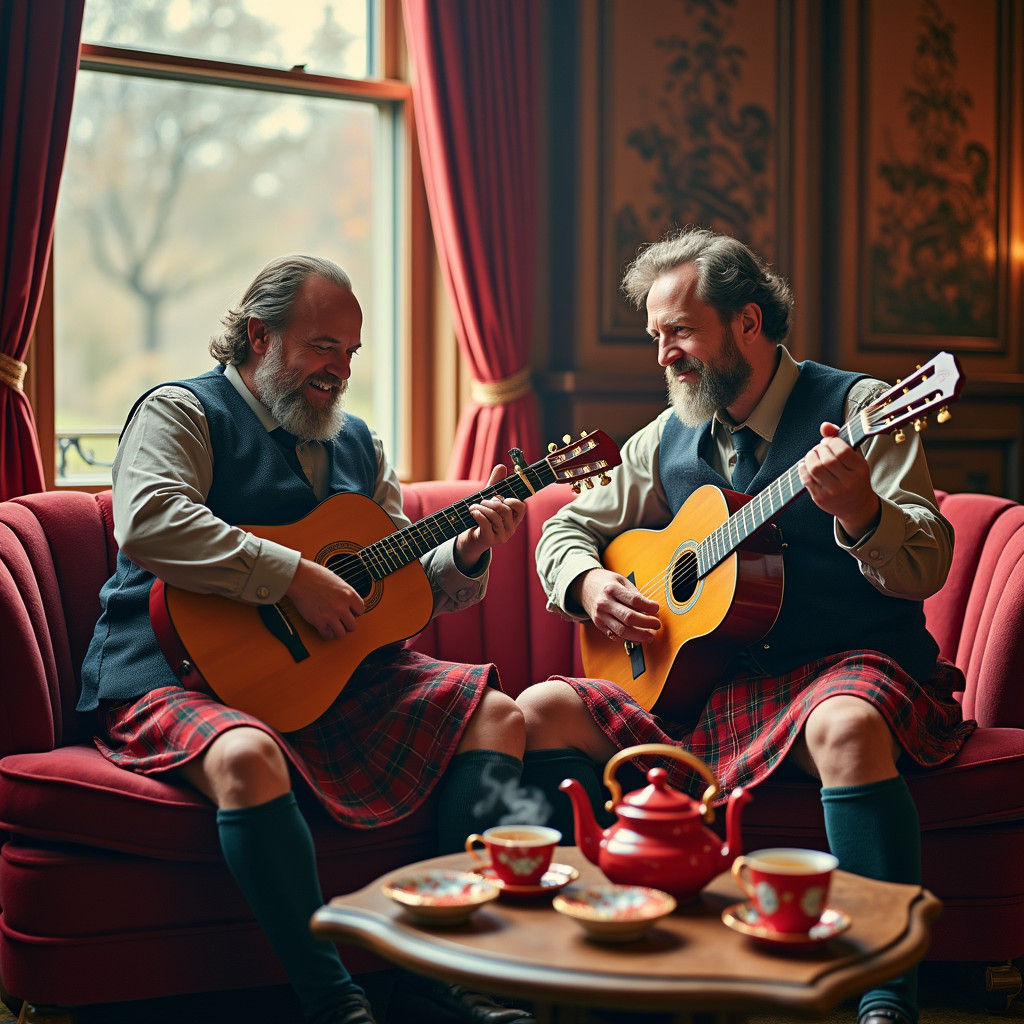 Scottish Musicians' Tea Party in Hyperrealistic Style