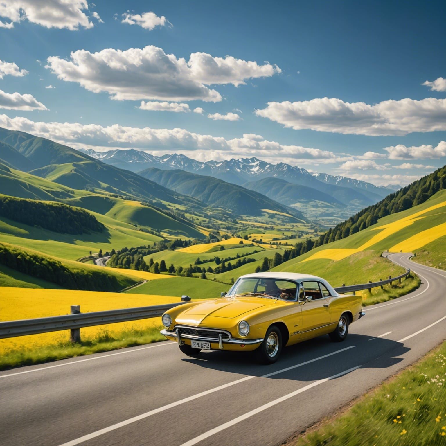 Car Cruising on Picturesque Road with Mountain View