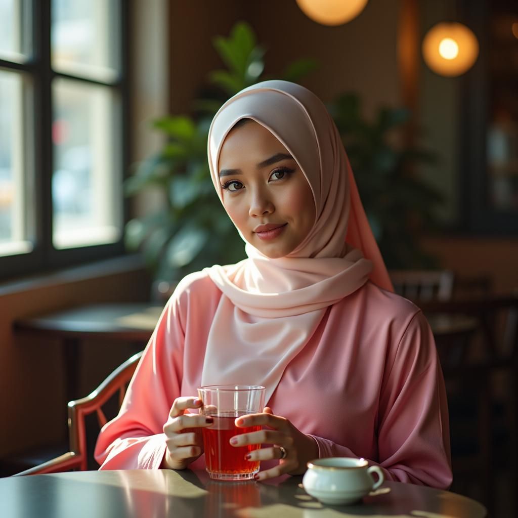 Young Woman in Hijab Holding Tea in Cafe