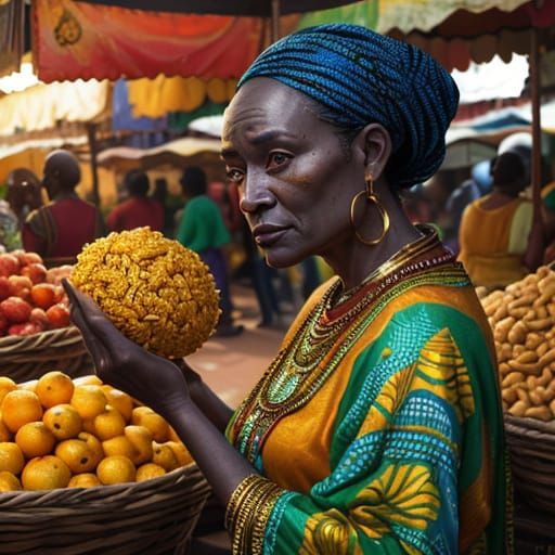 African Woman Shopping: Vibrant Oil Painting