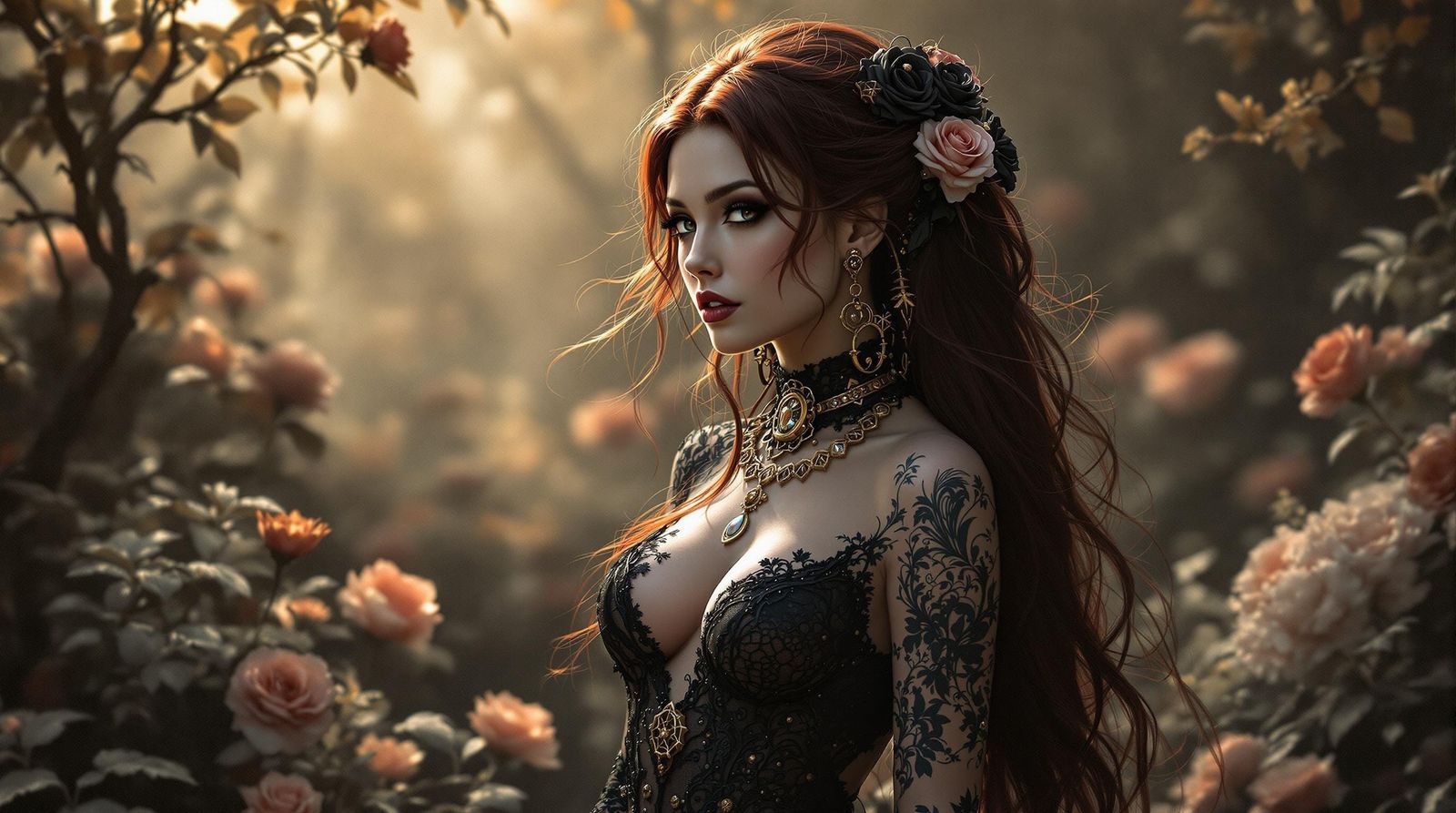 Steampunk Woman in Surreal Garden, Monochrome Art