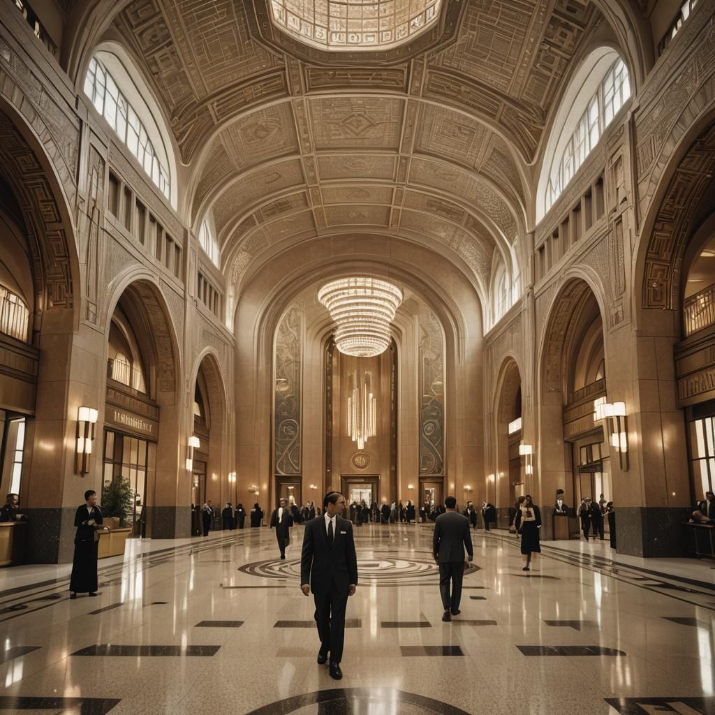 Art Deco Skyscraper Lobby with Vaulted Ceiling