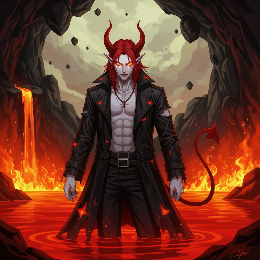 Fiery-Eyed Demon in Burning Landscape: Anime Art