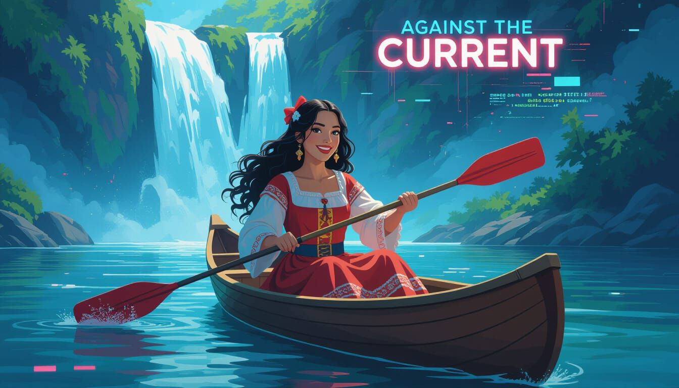 Girl in Spanish Dress Rowing Canoe in Neon Futurism