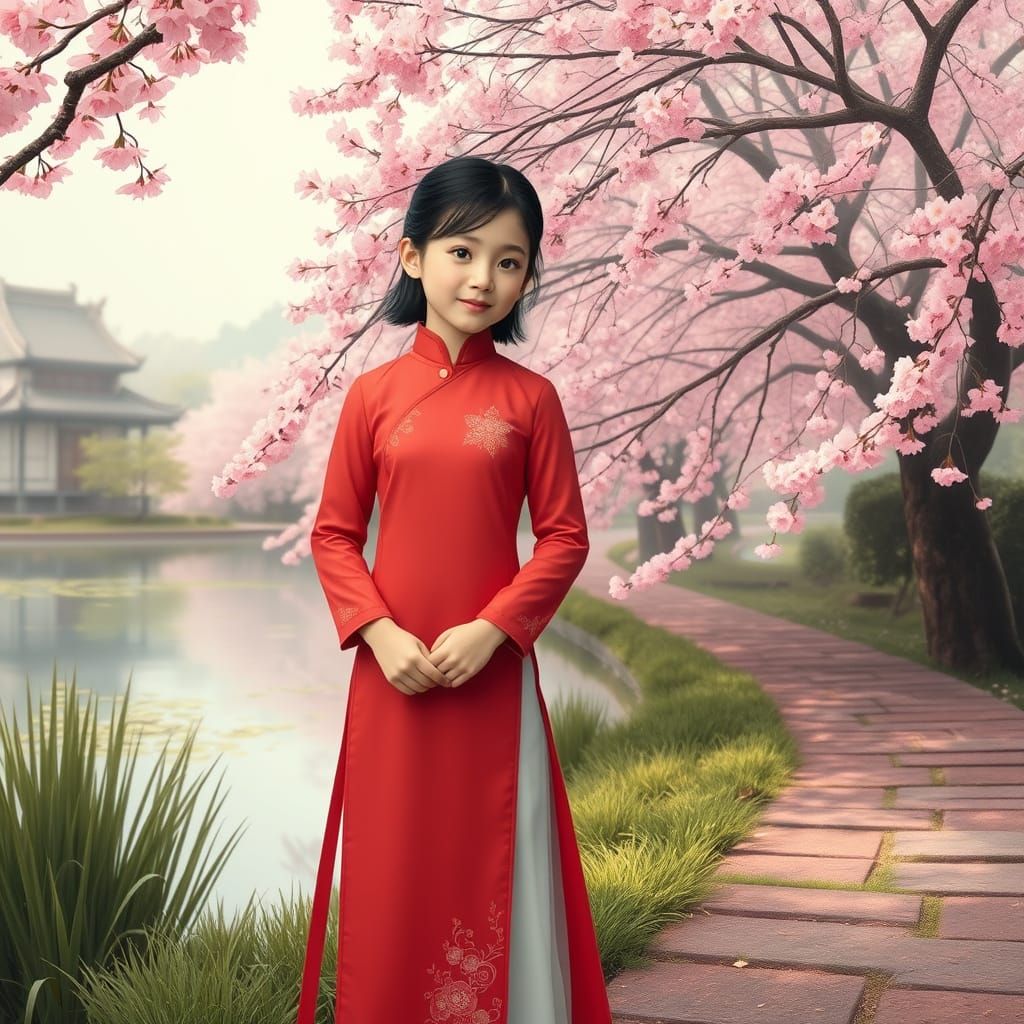 Vietnamese Girl in Cherry Blossom Garden