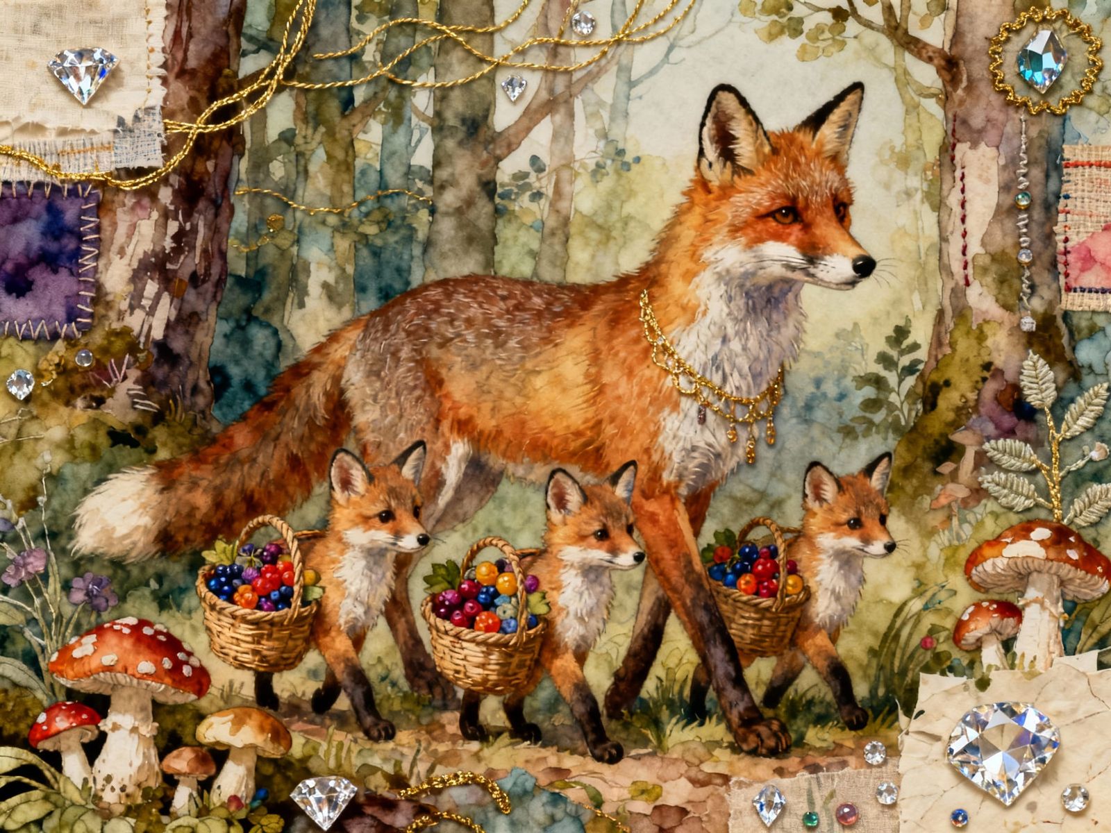 Fabric Collage of Foxes in Berry-Filled Baskets