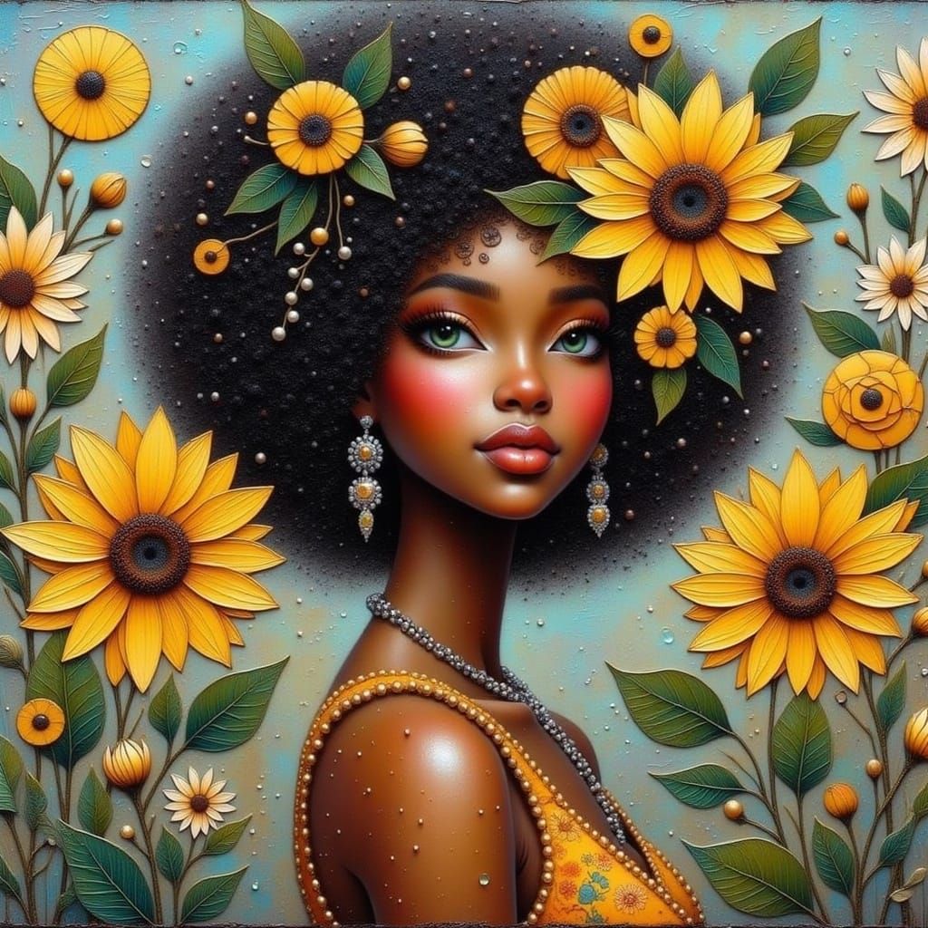 African American Woman in Vibrant Floral Headdress