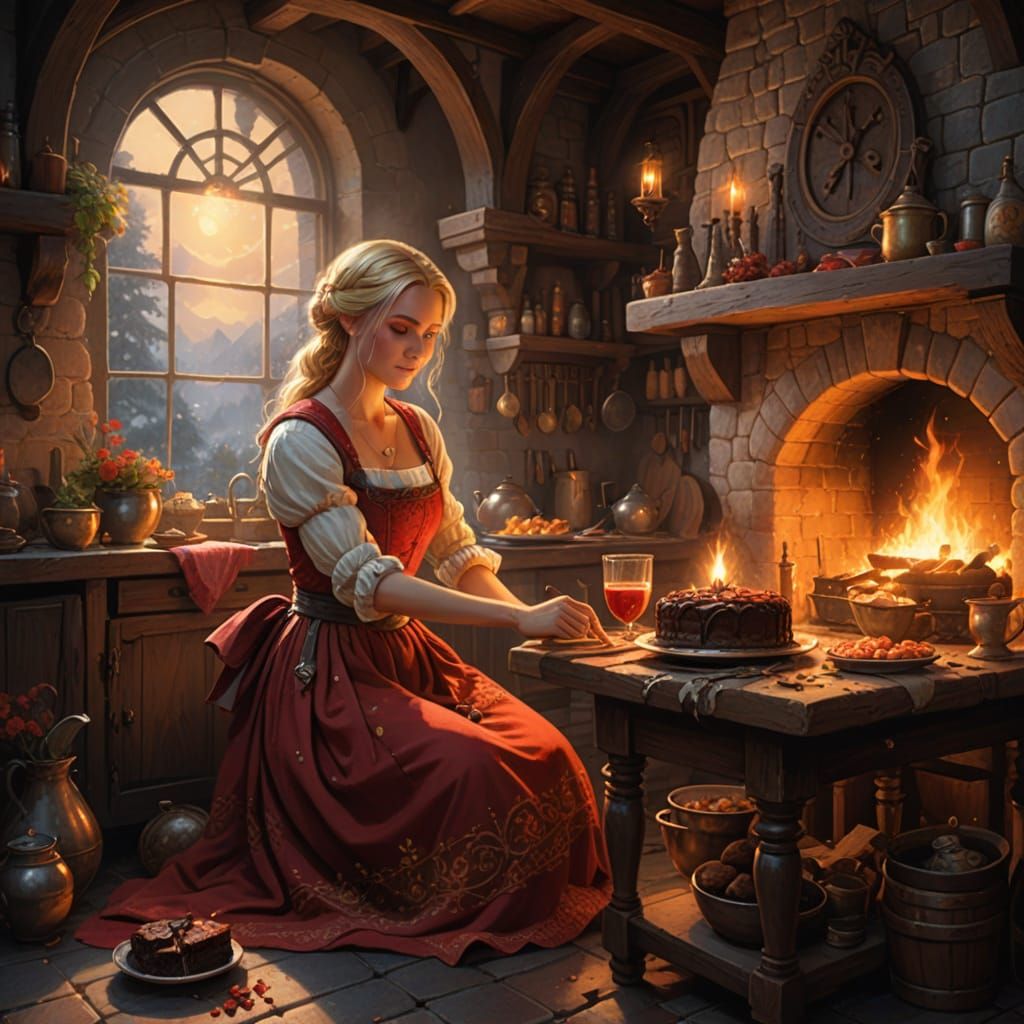 Beautiful Blond Woman Baking in Cozy Medieval Kitchen