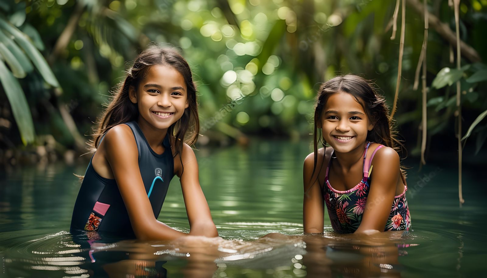 Smiling Girl in Jungle Waters: A Peaceful Portrait