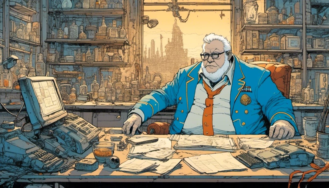 Military Officer at Desk in Moebius Style