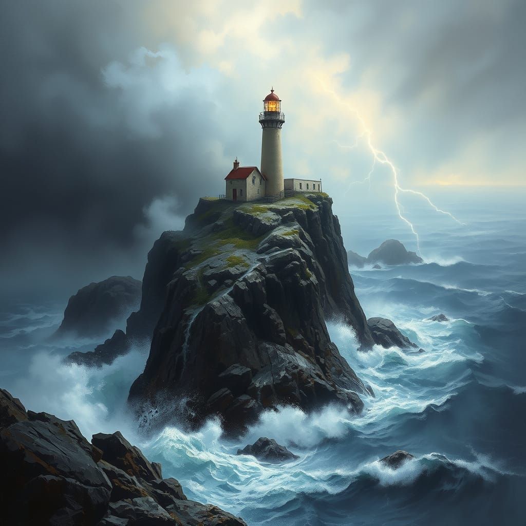 Lighthouse in Stormy Seas: A Dramatic Painting
