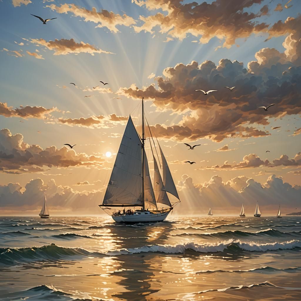 Romantic Sailboat Seascape in Oil Painting Style