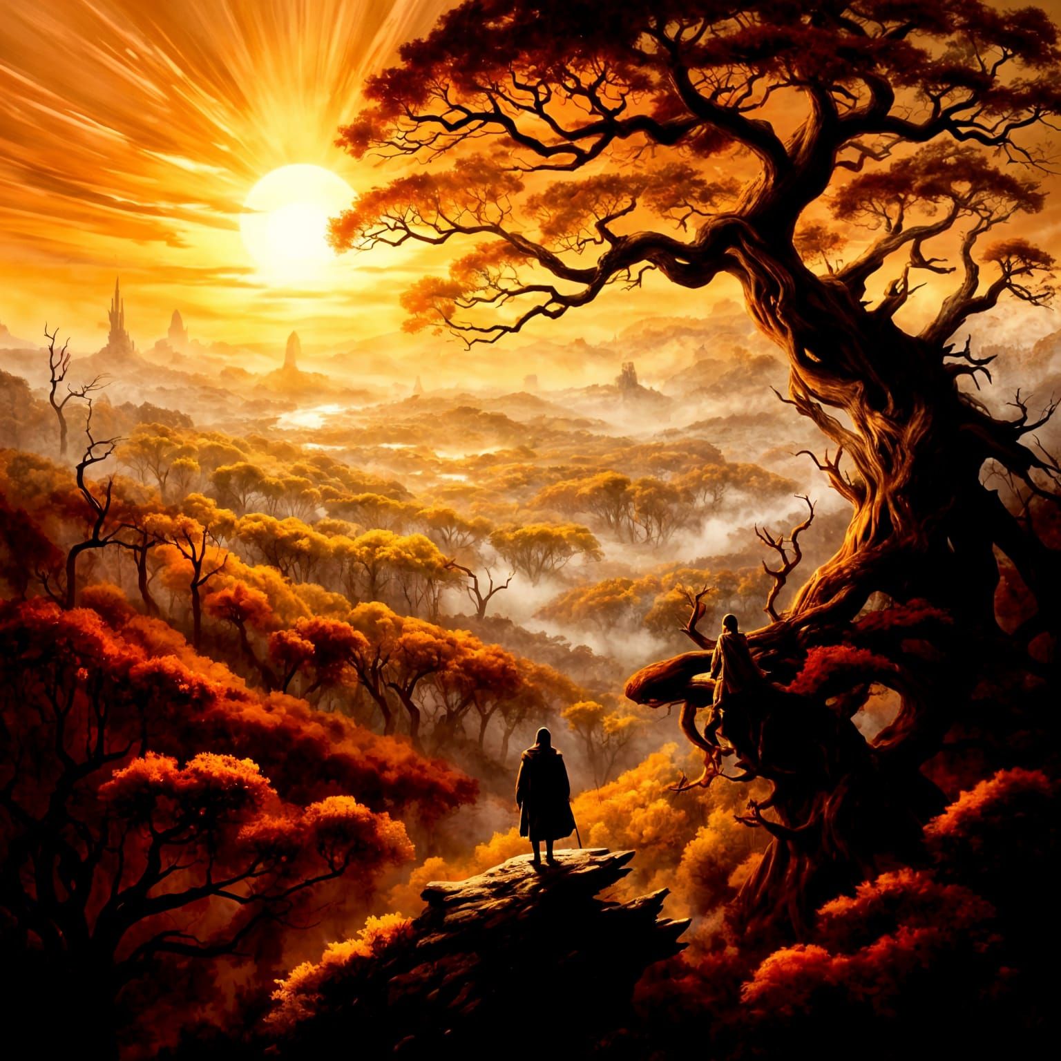 A lone traveler stands on a hilltop overlooking a mystical forest at sunset.