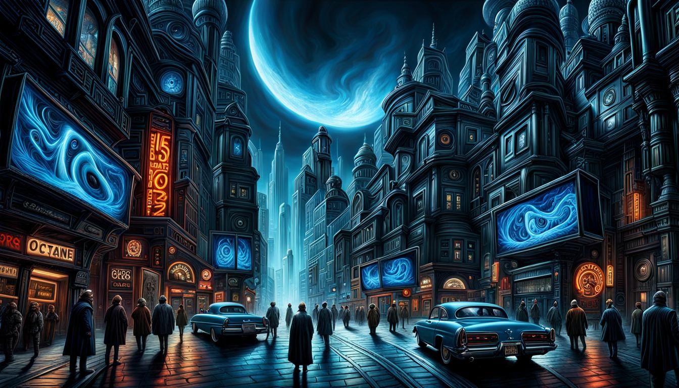 Dark City's Blue Monday: Surreal Horror Painting