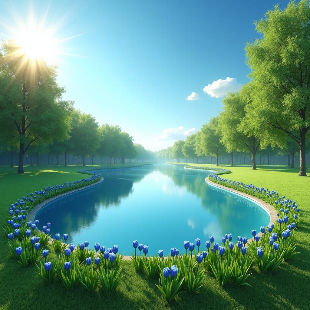 Serene Lake Landscape with Tulips in Photorealistic Style