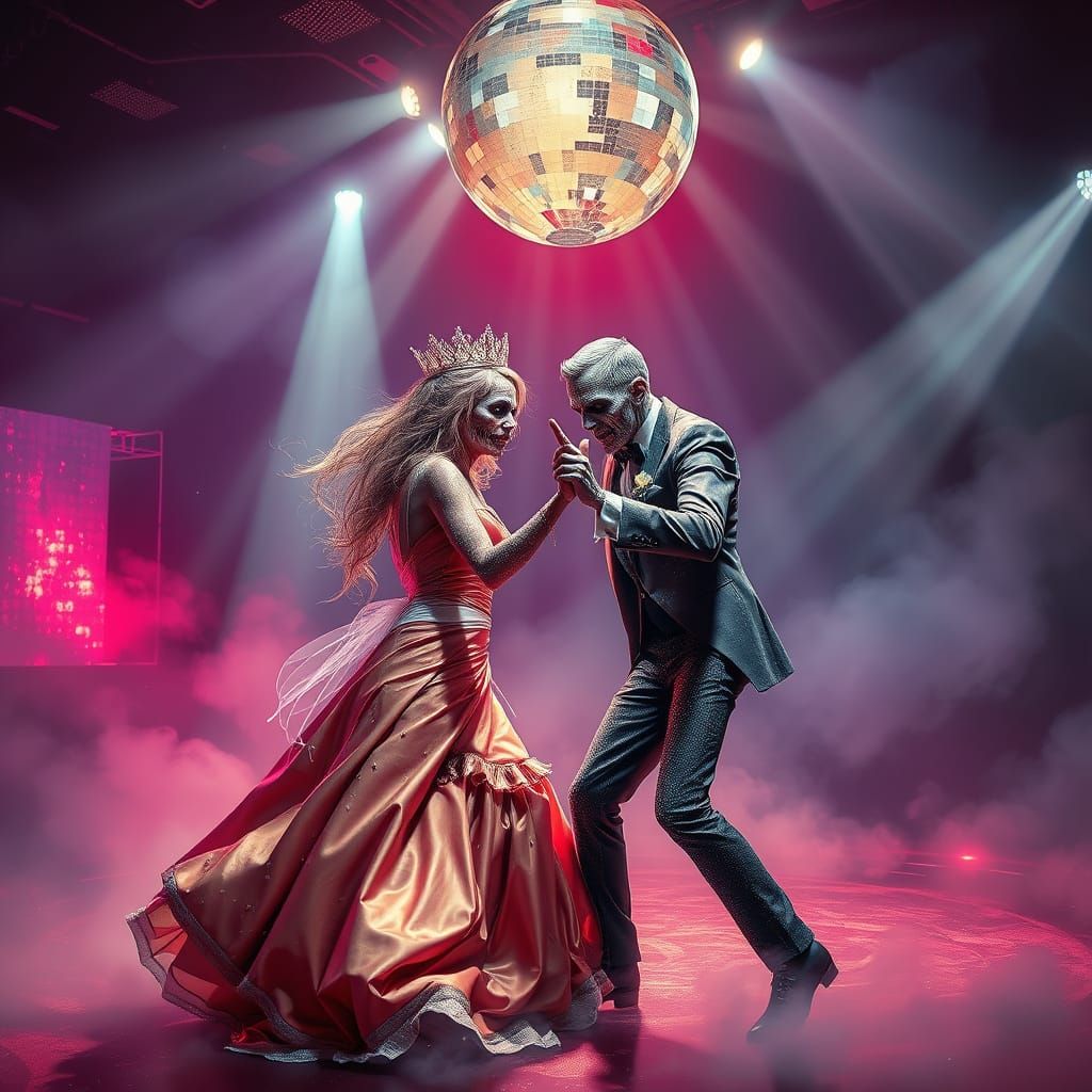 Zombie Prom Royalty Dancing in Neon Graveyard