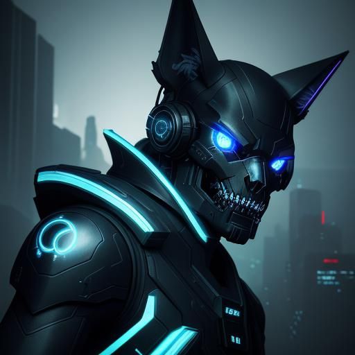 Sleek Cyber Dog with Glowing Eyes in Cyberpunk Cityscape