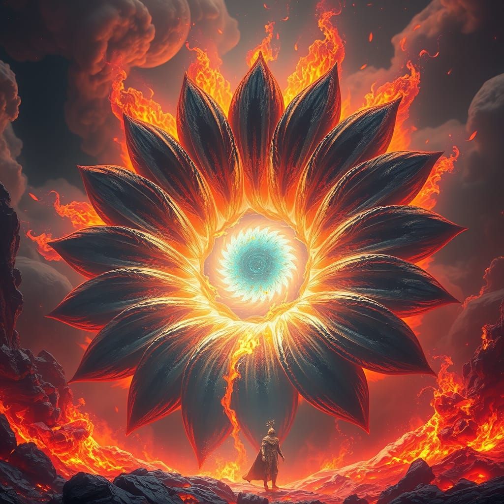 Glowing, Molten Rock Flower in a Futuristic Landscape