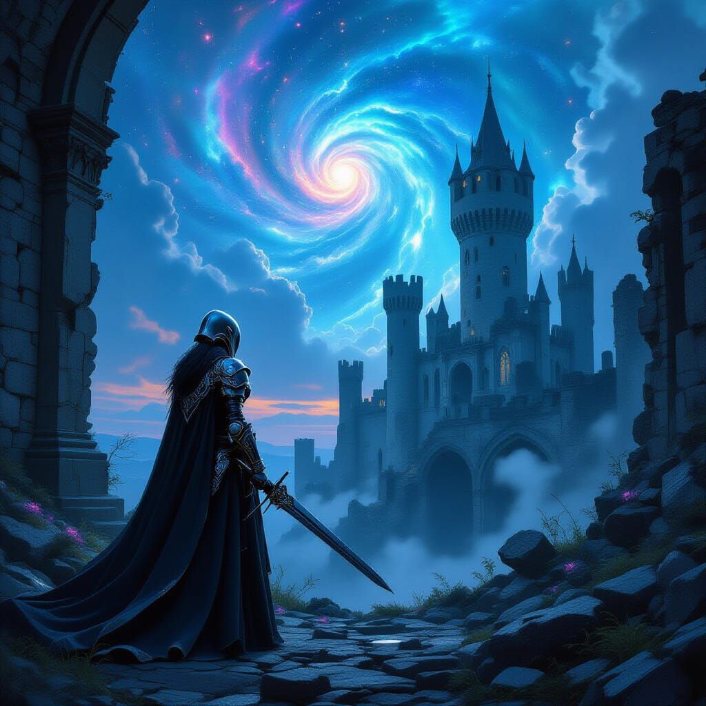 Futuristic Knight in Ruined Castle with Cosmic Sky