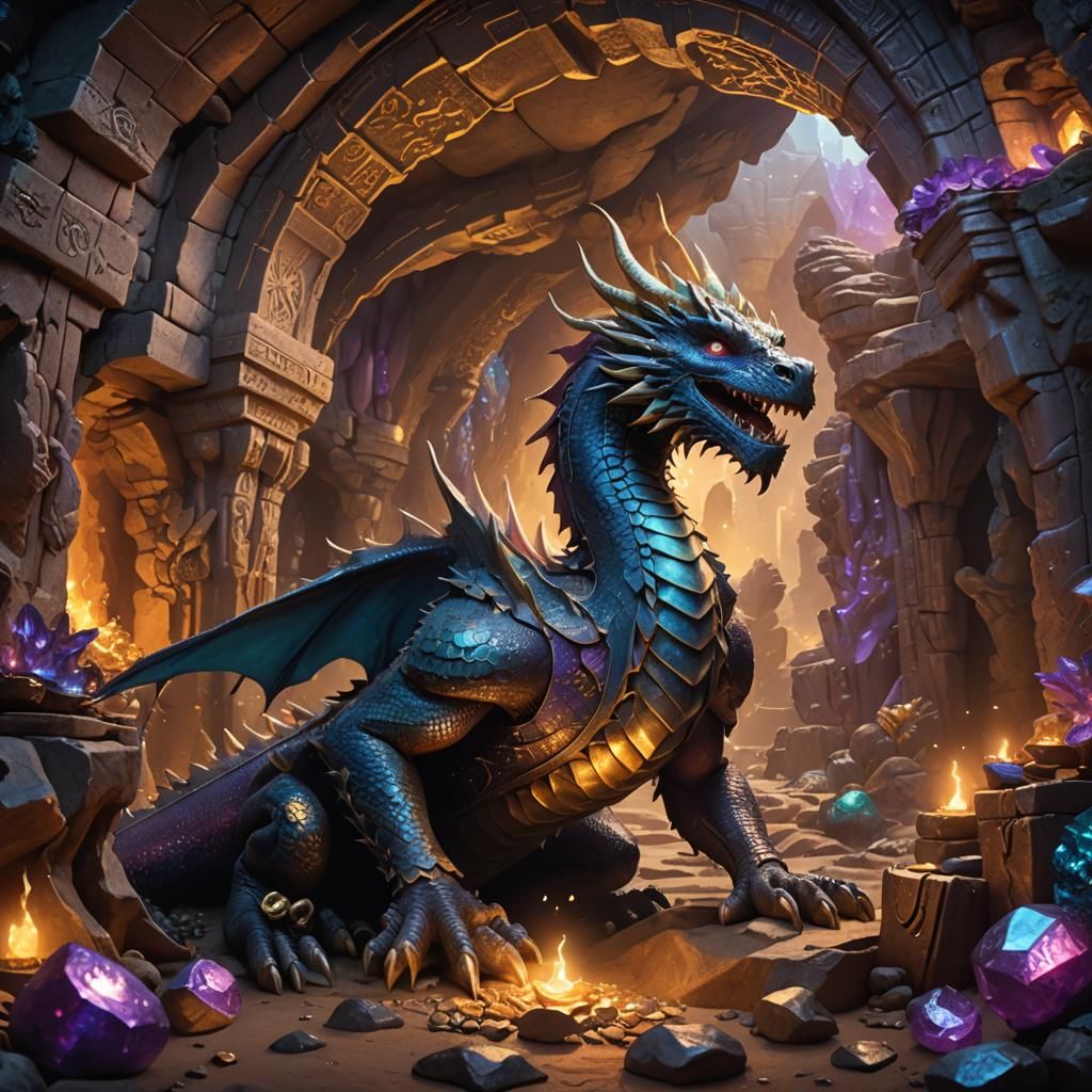 Dragon Guarding Treasure Trove in Mystical Cave