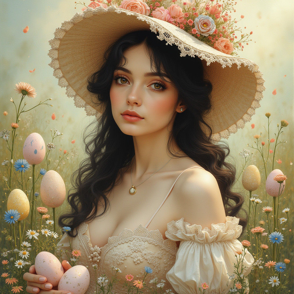 Woman in Easter Bonnet: Pre-Raphaelite Watercolor