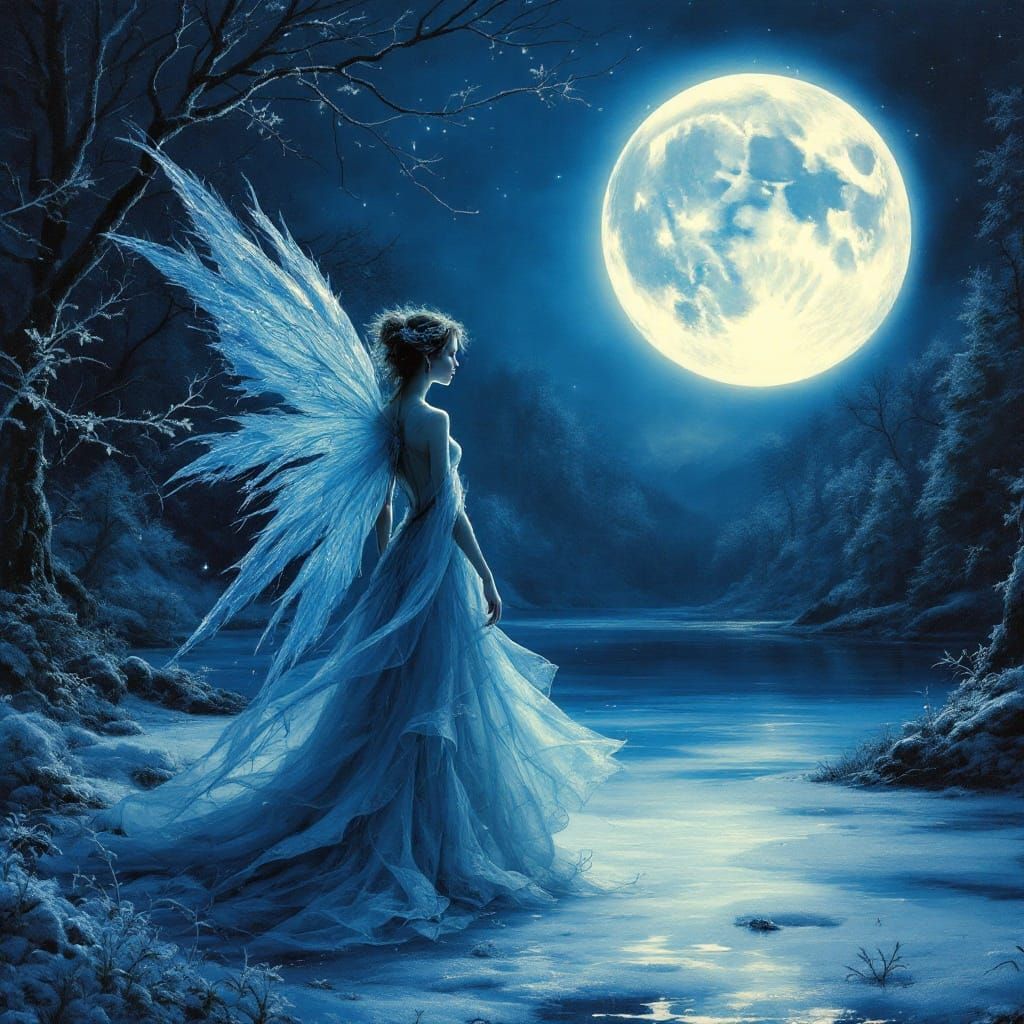 Ethereal Fairy Goddess on Frozen Lake Under Blue Moon Eclips...